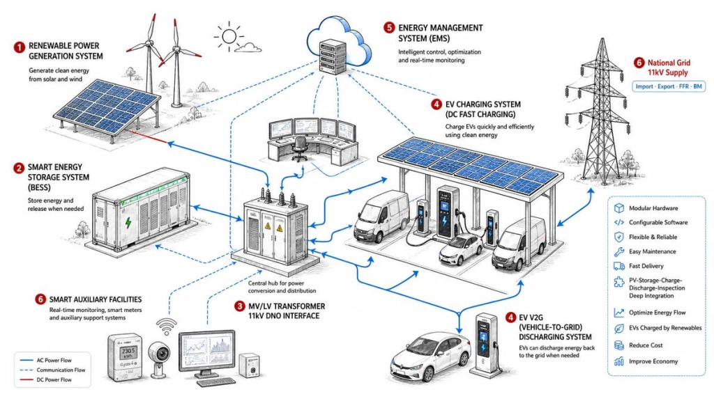 A smart grid application combining renewable energy sources, EV charging stations, and Ring Main Unit installations. Include digital monitoring systems, utility control rooms, and modern electrical infrastructure to illustrate future-ready power distribution.