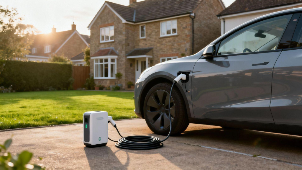 An EV owner charging an electric vehicle with a portable EV charger in a residential driveway, campsite, or public parking area. The scene should highlight mobility, convenience, and flexible charging beyond traditional charging stations.