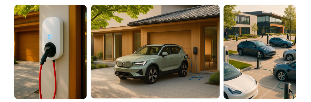A modern EV charging ecosystem featuring public charging stations, residential wallbox chargers, office parking facilities, and highway service areas. Include a portable EV charger alongside fixed charging solutions to illustrate flexible and future-ready electric vehicle charging.