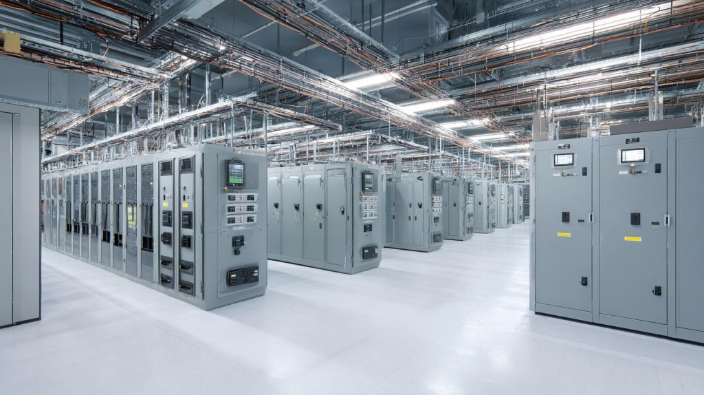 A modern AI or cloud data center featuring Medium Voltage Switchgear installed in an electrical room or substation. Include the data center building, power distribution equipment, and server infrastructure to highlight reliable medium-voltage power delivery.