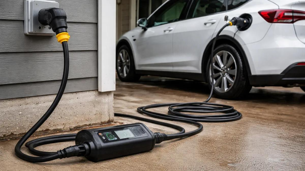 Portable EV charger with organized cable and charging connector